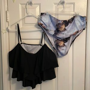 Marble Bottom & Black Flounce Top Bikini Set
